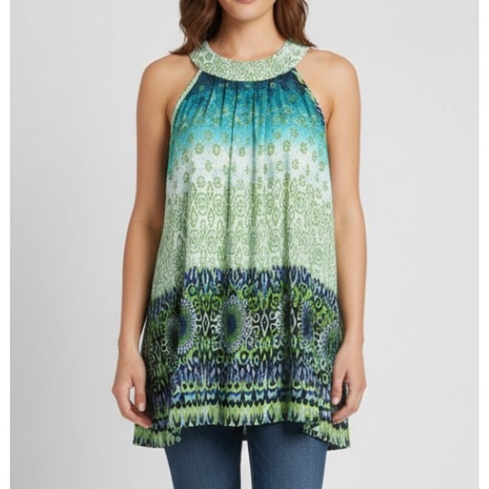 COCOMO Blue/Green POLY-KNIT Geometric SLEEVELESS HALTER NECK Tank Top/Blouse XL